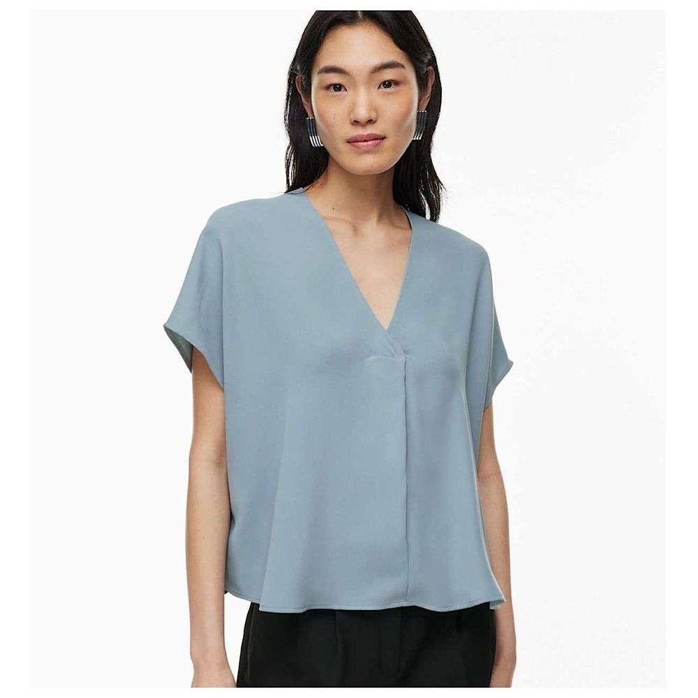 Aritzia Babaton Pictorial Blouse Womens Sz L Slab Blue V-Neck Short Sleeve